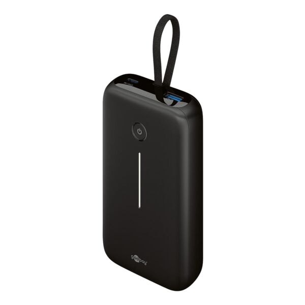 goobay Schnelllade Powerbank mit integriertem USB-C&trade;-Kabel 20000 mAh schwarz, 7.1x12.13x3 cm
