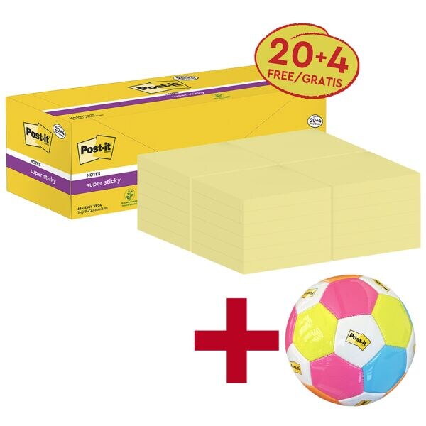 Post-it Super Sticky 20+4 Vorteilspack Haftnotizblöcke »Super Sticky Notes« 76 x 76 mm inkl. Fußball