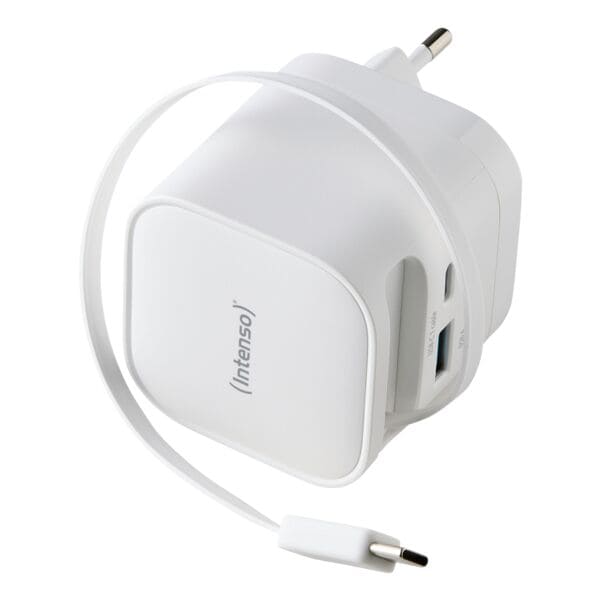 Intenso Schnellladegerät mit ausziehbarem USB-C-Kabel W65ACIC GaN USB-C + USB-A 65 W weiß, 5.3x9x3.5 cm