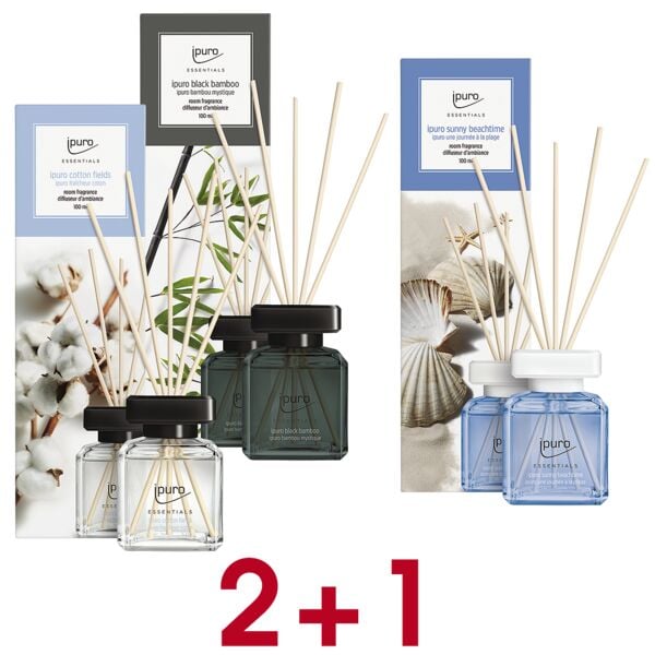 ipuro 2 + 1 Aktion: Raumduft-Set »Cotton Fields / Black Bamboo / Sunny Beach Time« 3x