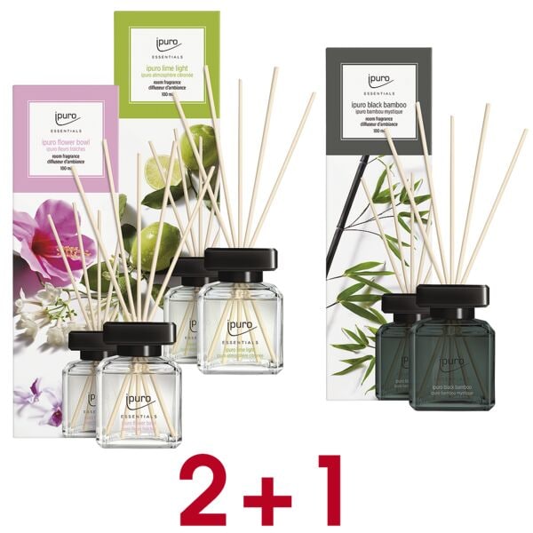 ipuro 2 + 1 Aktion: Raumduft-Set »Flower Bowl / Lime Light / Black Bamboo« 3x 100 ml