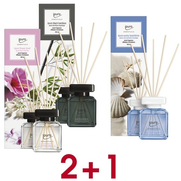 ipuro 2 + 1 Aktion: Raumduft-Set »Flower Bowl / Black Bamboo / Sunny Beach Time« 3x 10