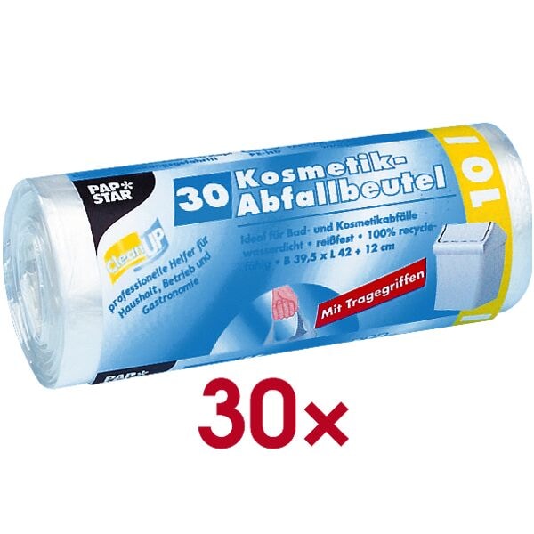 Papstar 10 L Müllbeutel mit Tragegriffen transparent 30 Stück transparent, 39.5x42 cm