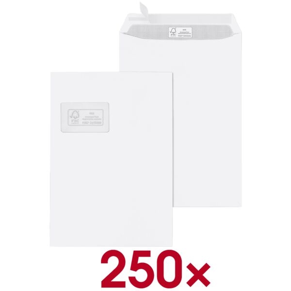 Mailmedia Briefumschläge C4 mit Fenster und Haftklebung - 250 Stück weiß, 32.4x22.9 cm