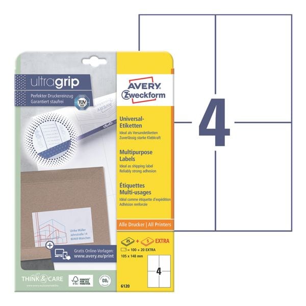 Avery Zweckform Universaletiketten DIN A6 permanent weiß 105x148 mm 120 Stück 6120 mit ultragrip weiß
