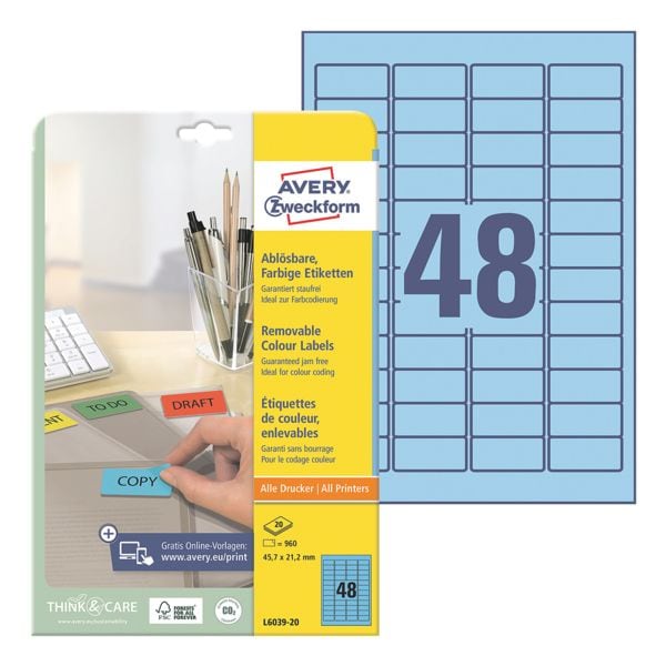 Avery Zweckform Wiederablösbare Farbige Etiketten 45.7x21.2 mm 960 Stück blau