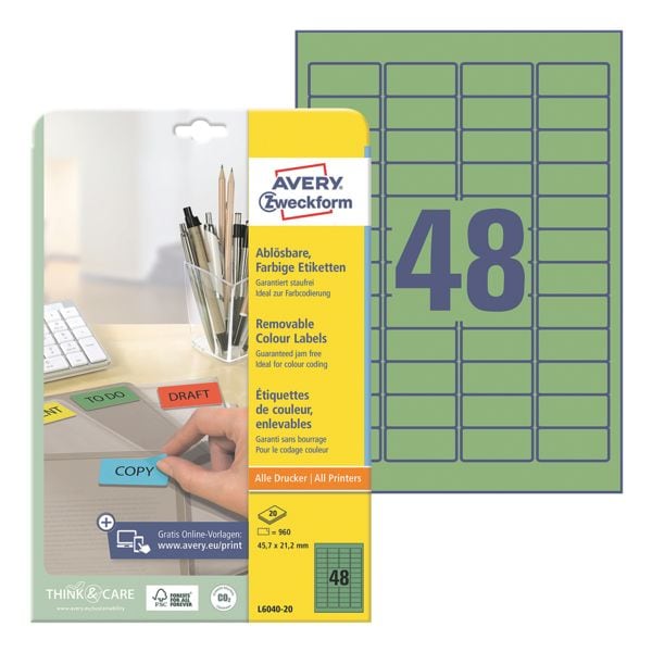 Avery Zweckform Wiederablösbare Farbige Etiketten 45.7x21.2 mm 960 Stück grün